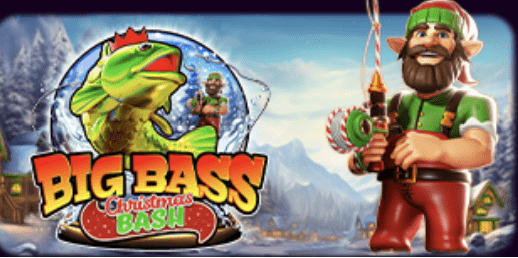 Christmas Big Bass Bonanza slot game screen showing festive symbols