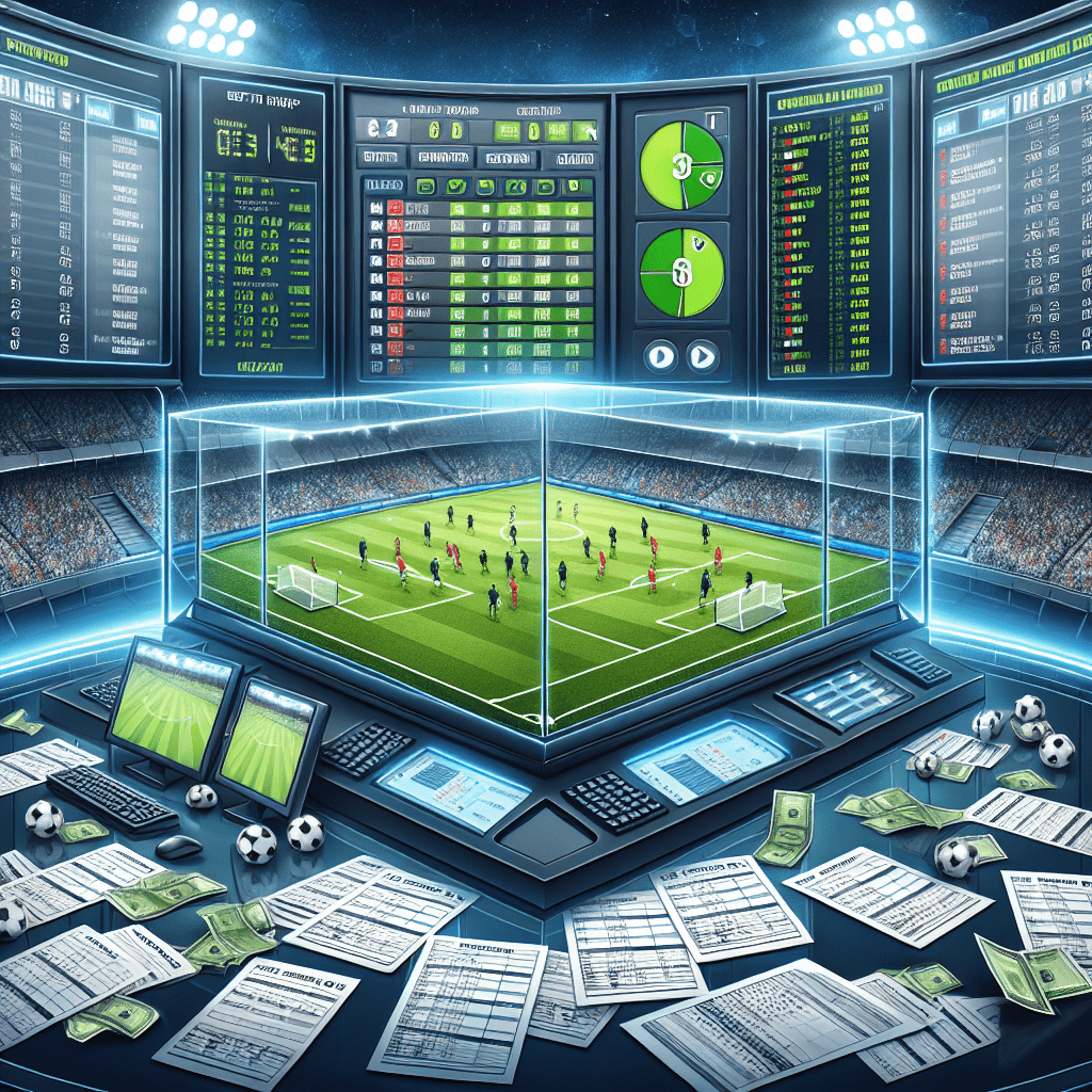 A dynamic football match in a packed stadium with betting odds overlaid