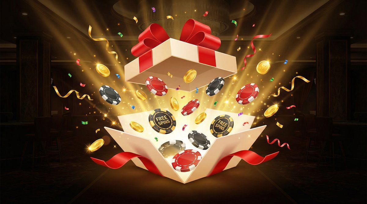 Casino welcome bonus gift box with free spins chips and gold coins
