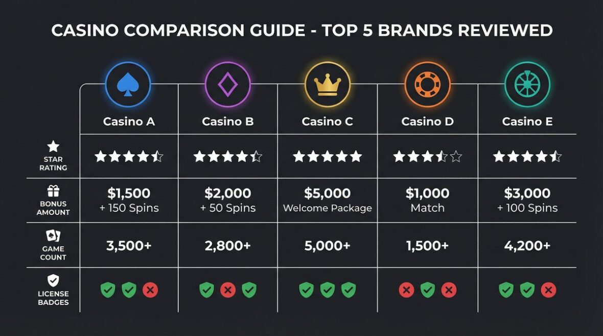 Casino comparison guide showing top 5 brands with ratings bonuses and game counts