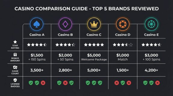 Casino comparison guide showing top 5 brands with ratings bonuses and game counts
