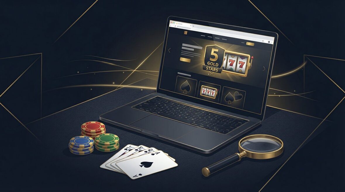 Online casino review with 5-star rating, casino chips and playing cards