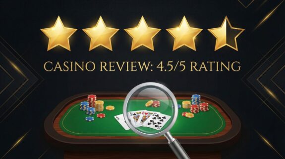 Casino review 4.5 out of 5 star rating with magnifying glass on casino table