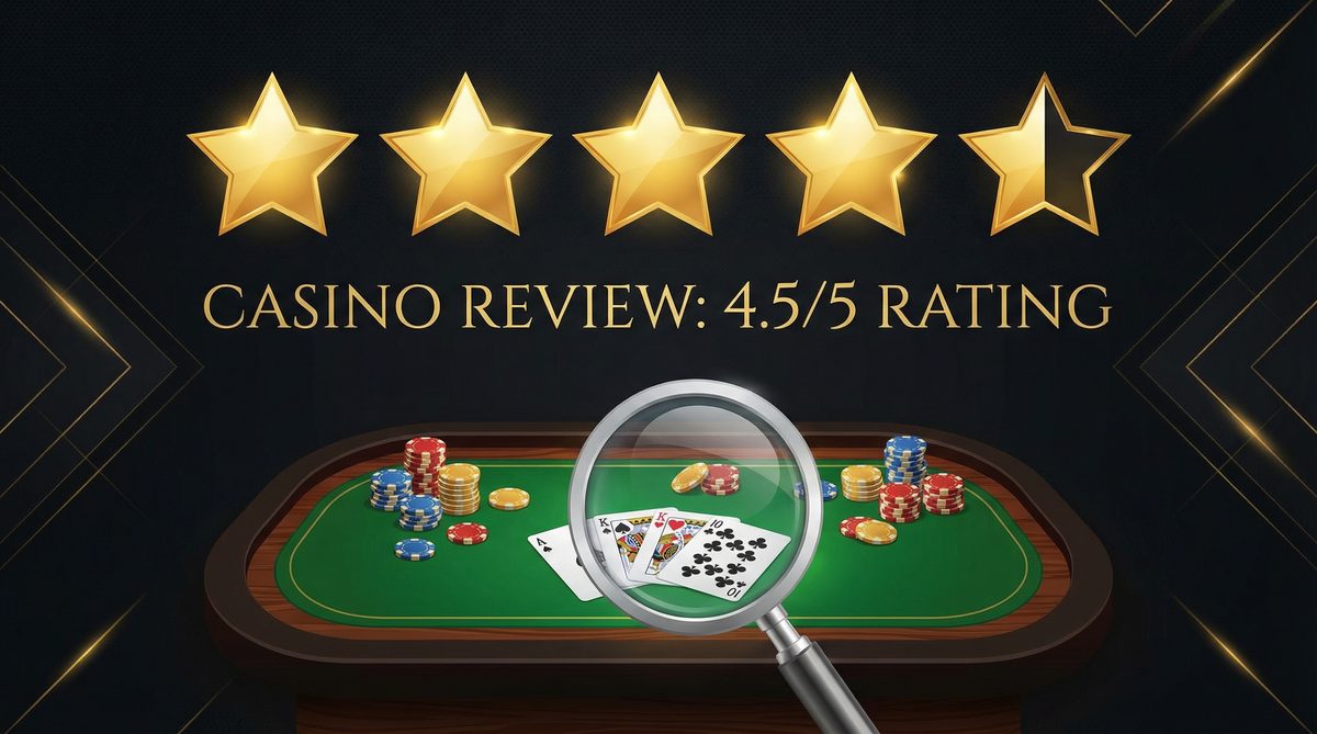 Casino review 4.5 out of 5 star rating with magnifying glass on casino table