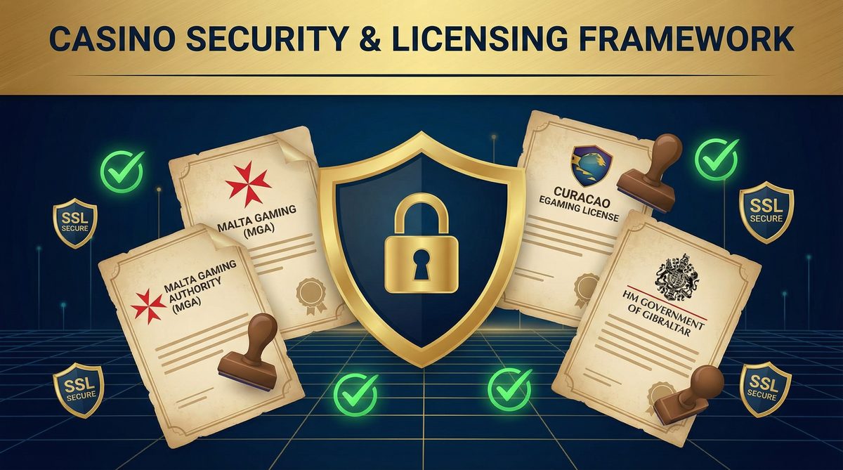 Casino security and licensing framework with Malta MGA Curacao and Gibraltar certificates