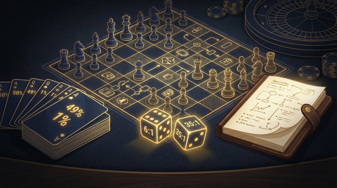 Casino strategy guide with chess pieces, dice odds and probability cards