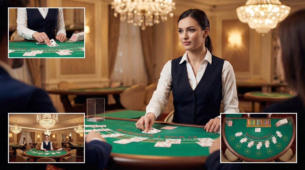 Professional live dealer at blackjack table in luxury casino