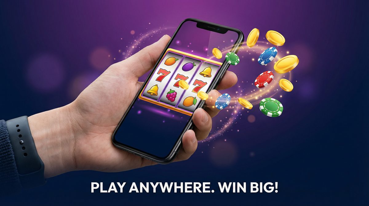 Mobile casino gaming on smartphone with slot machine and flying chips
