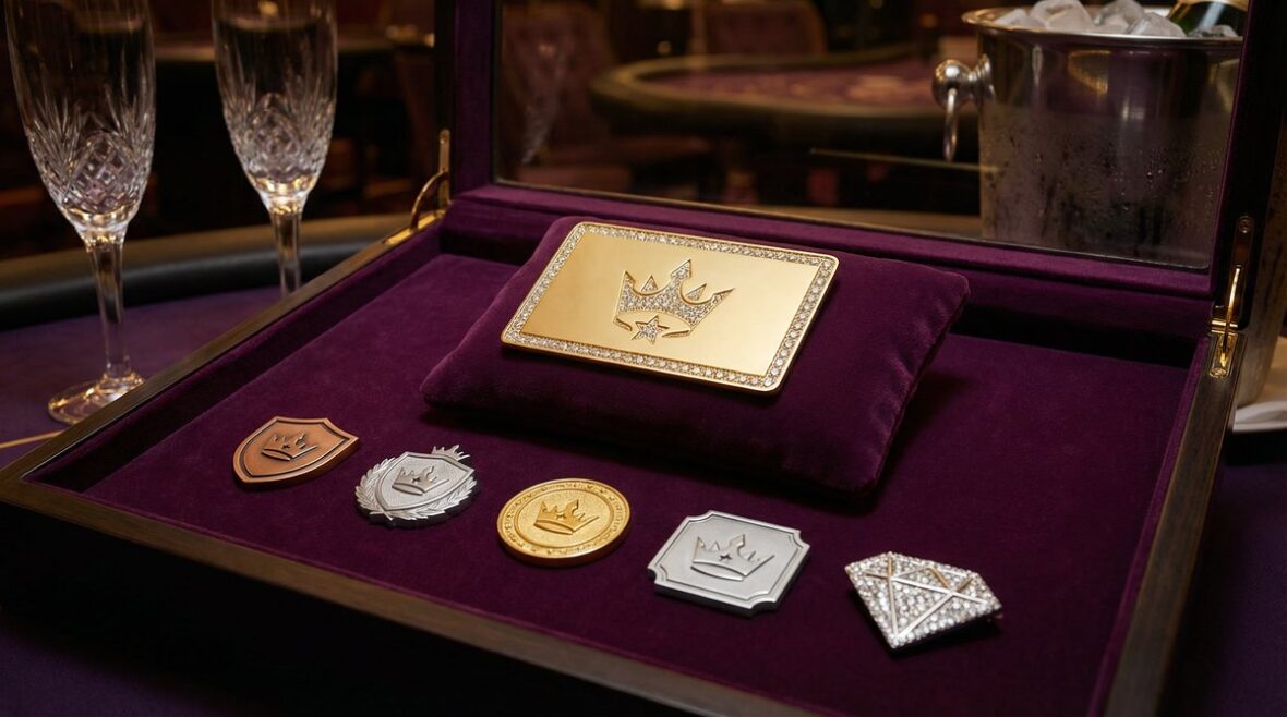 VIP casino loyalty program gold card with tier badges